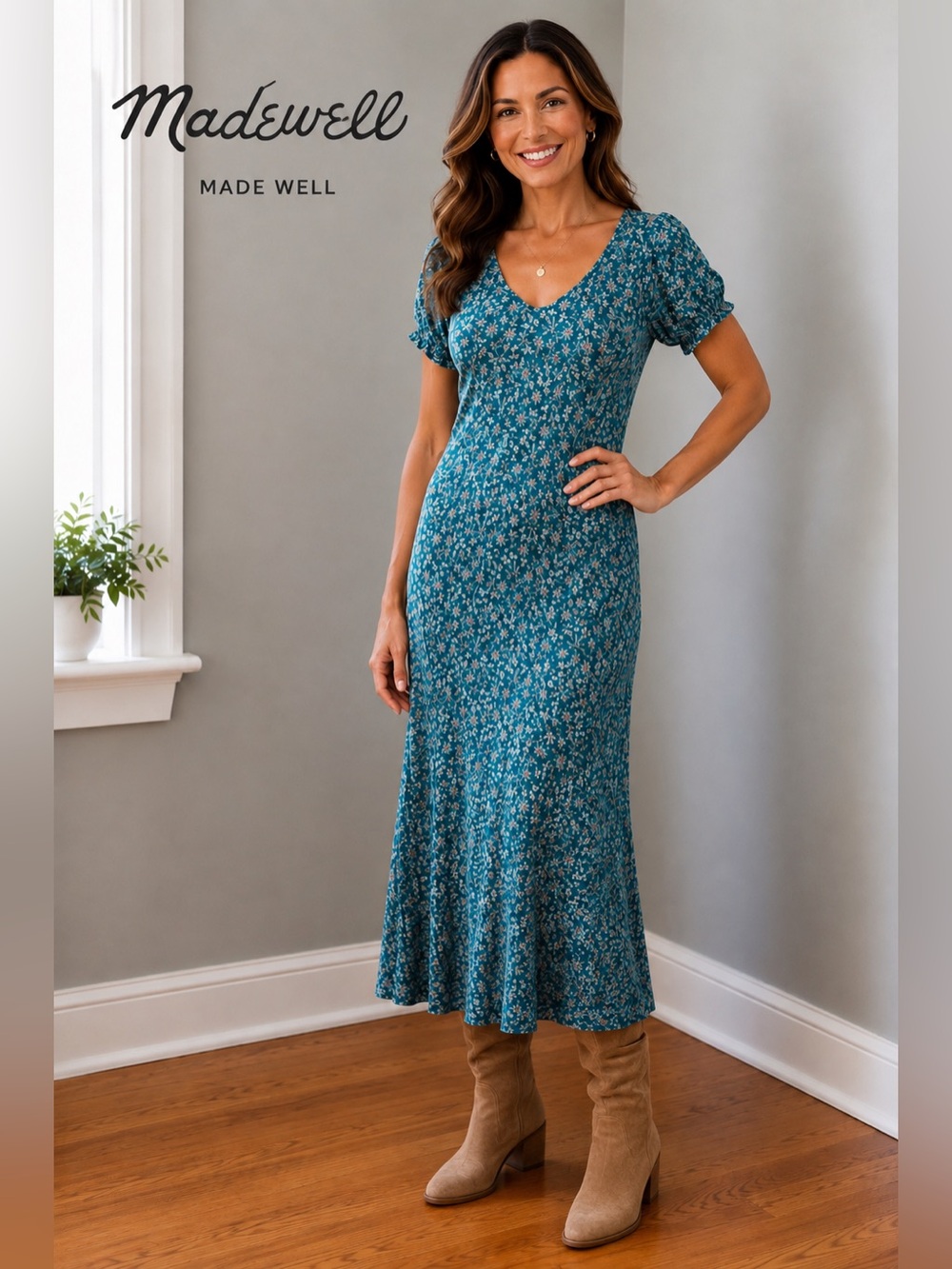 Madewell Teal Floral Puff Sleeve Maxi Dress Size 6